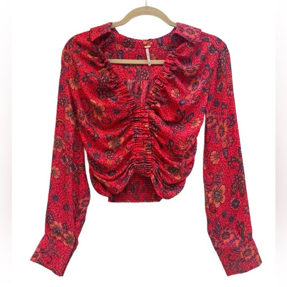 Free People “I got you” Long sleeve collared floral print blouse in “ruby combo” - Picture 5 of 10